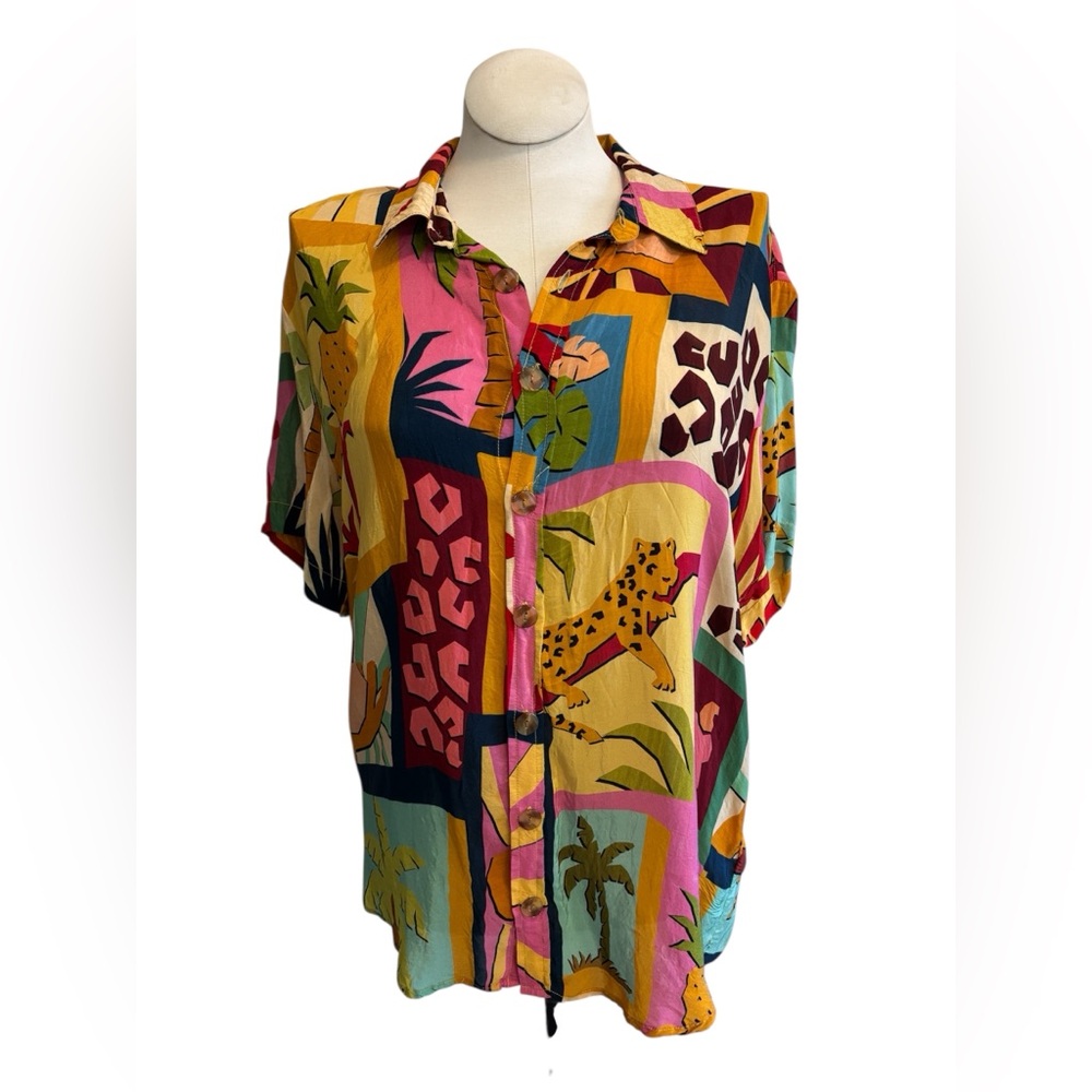 FARM RIO TROPICAL COLLAGE PAJAMA SILKY VISCOSE SHIRT LARGE